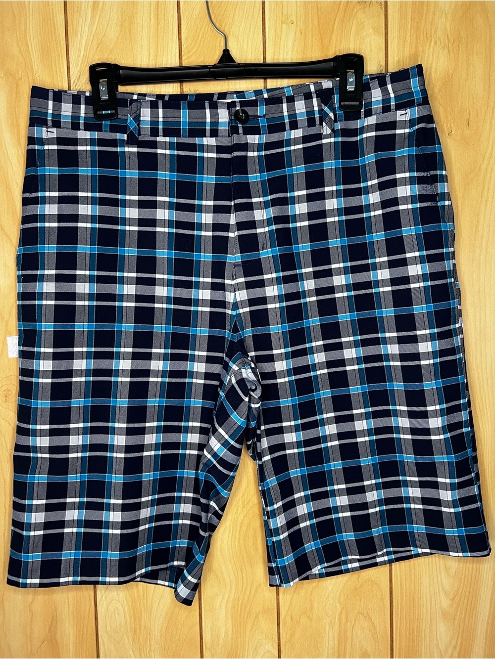 adidas Men’s Plaid Flat-Front Shorts in Navy, Blue and White